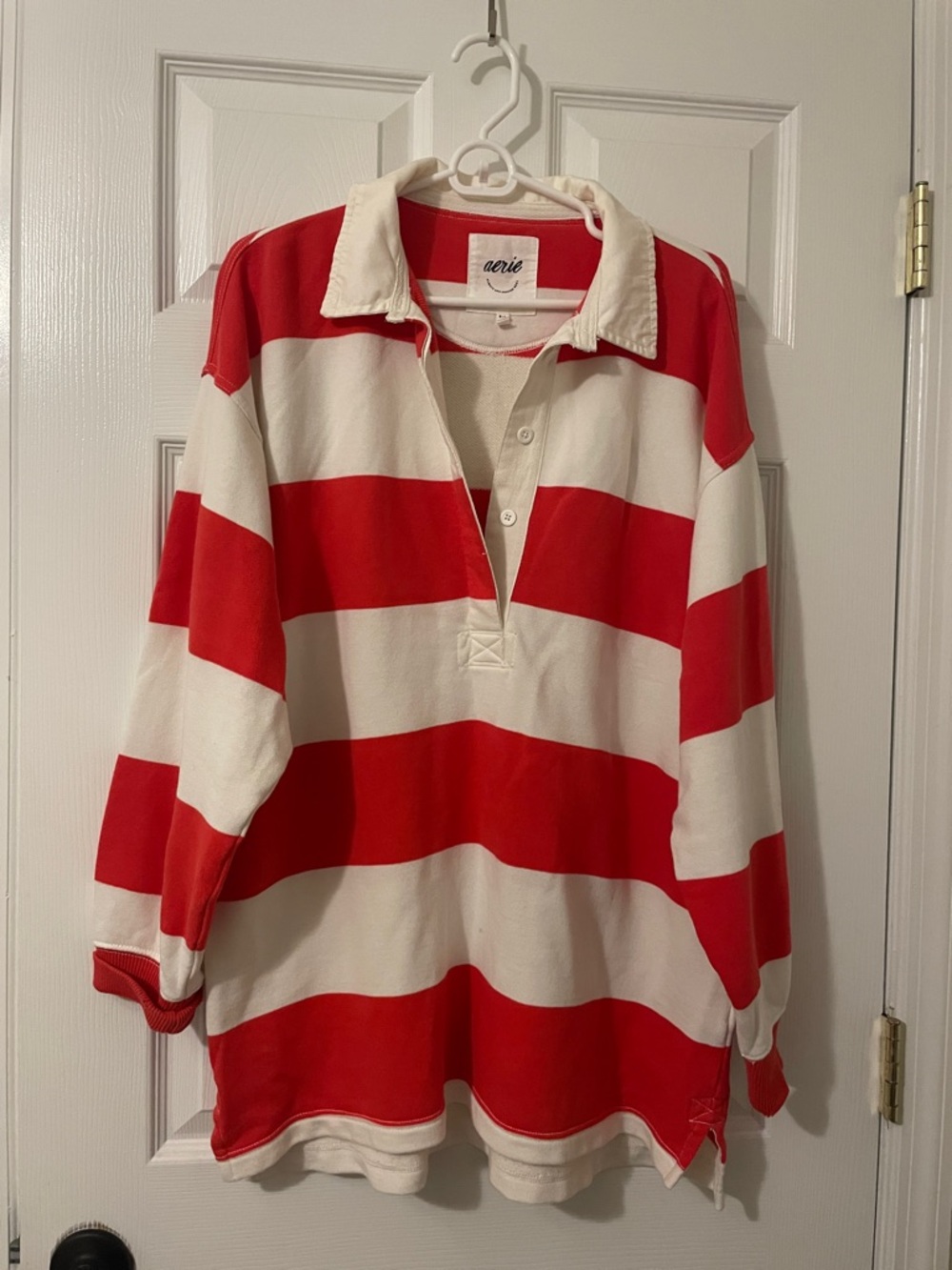 aerie Red and Cream Bold Stripe Rugby Shirt